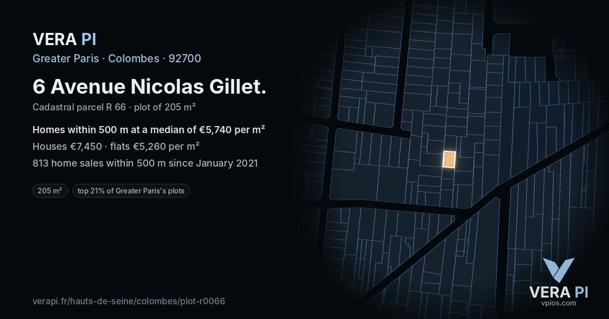 6 Avenue Nicolas Gillet, Colombes at night – the plot lit, the parcels around coloured by the prices near them
