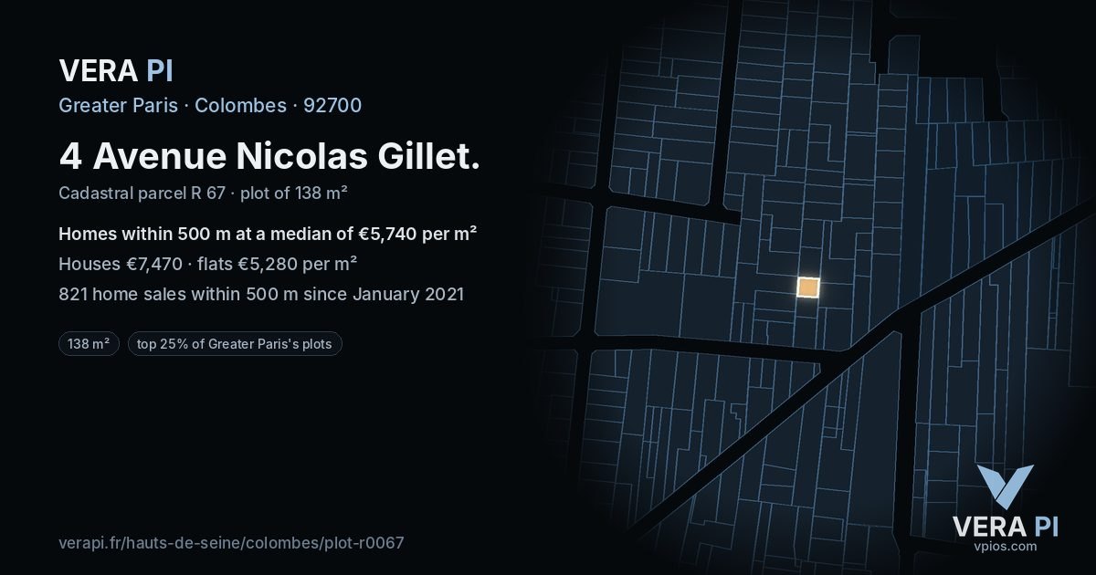 4 Avenue Nicolas Gillet, Colombes at night – the plot lit, the parcels around coloured by the prices near them
