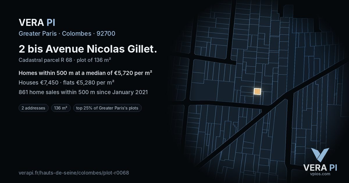 2 bis Avenue Nicolas Gillet, Colombes at night – the plot lit, the parcels around coloured by the prices near them