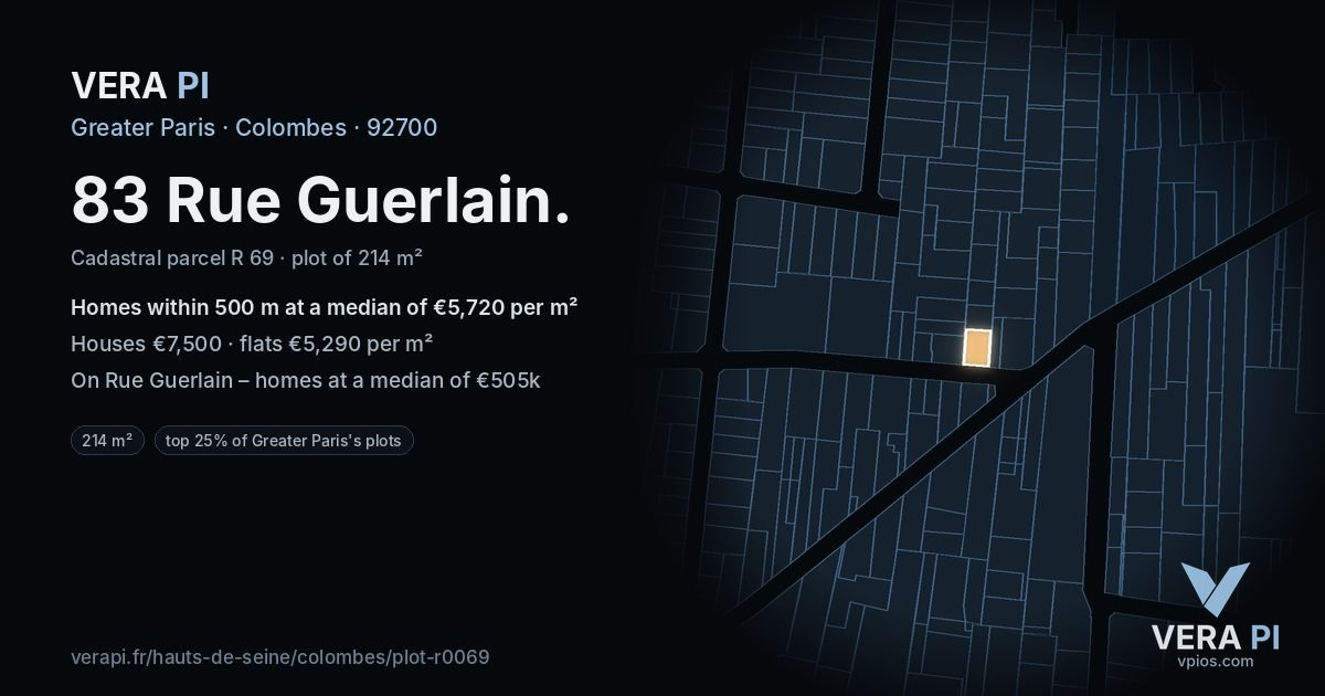 83 Rue Guerlain, Colombes at night – the plot lit, the parcels around coloured by the prices near them