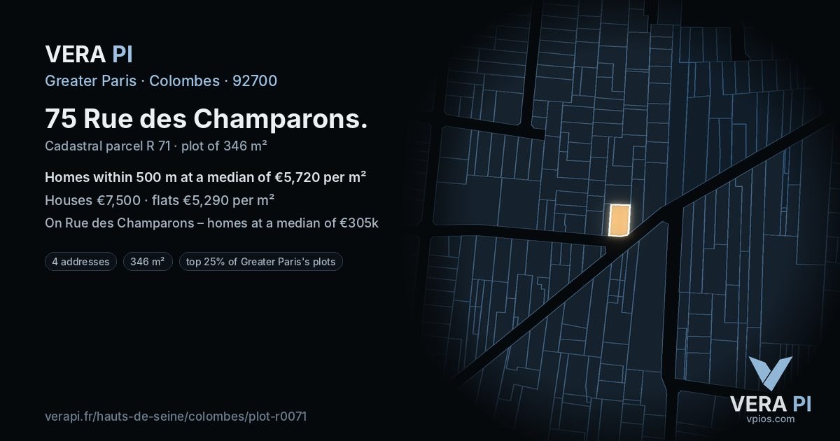 75 Rue des Champarons, Colombes at night – the plot lit, the parcels around coloured by the prices near them