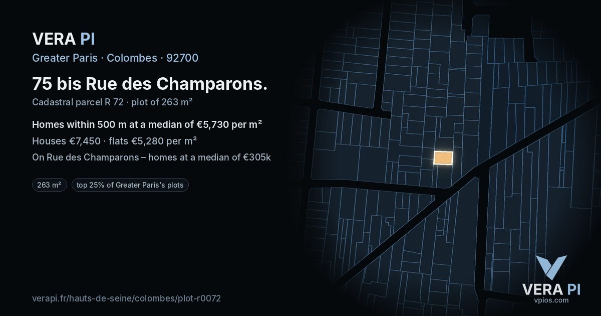 75 bis Rue des Champarons, Colombes at night – the plot lit, the parcels around coloured by the prices near them