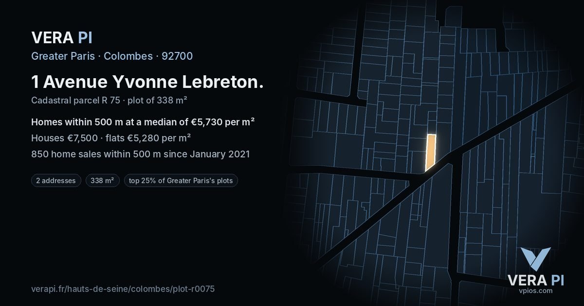 1 Avenue Yvonne Lebreton, Colombes at night – the plot lit, the parcels around coloured by the prices near them