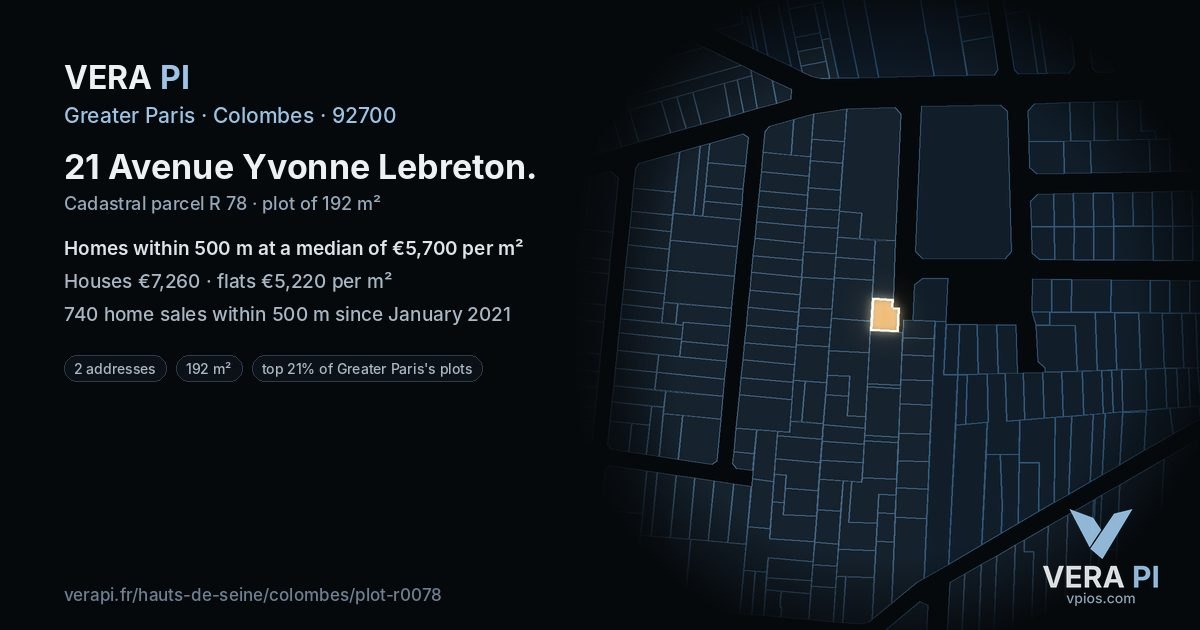 21 Avenue Yvonne Lebreton, Colombes at night – the plot lit, the parcels around coloured by the prices near them