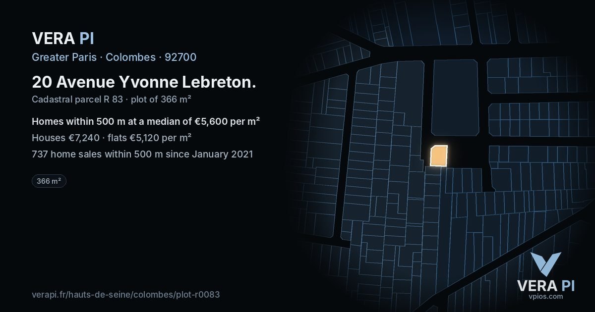 20 Avenue Yvonne Lebreton, Colombes at night – the plot lit, the parcels around coloured by the prices near them