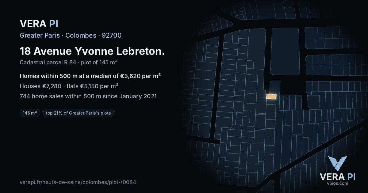 18 Avenue Yvonne Lebreton, Colombes at night – the plot lit, the parcels around coloured by the prices near them