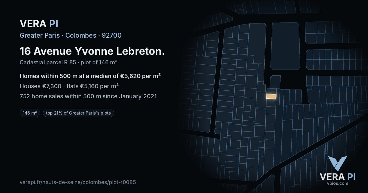 16 Avenue Yvonne Lebreton, Colombes at night – the plot lit, the parcels around coloured by the prices near them
