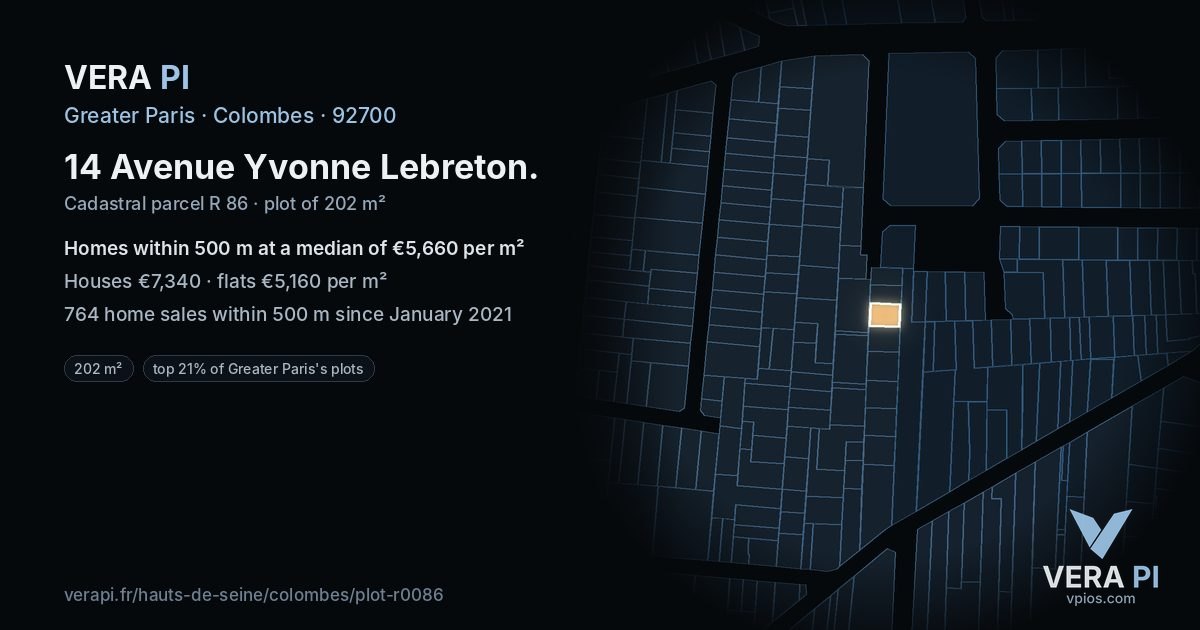 14 Avenue Yvonne Lebreton, Colombes at night – the plot lit, the parcels around coloured by the prices near them