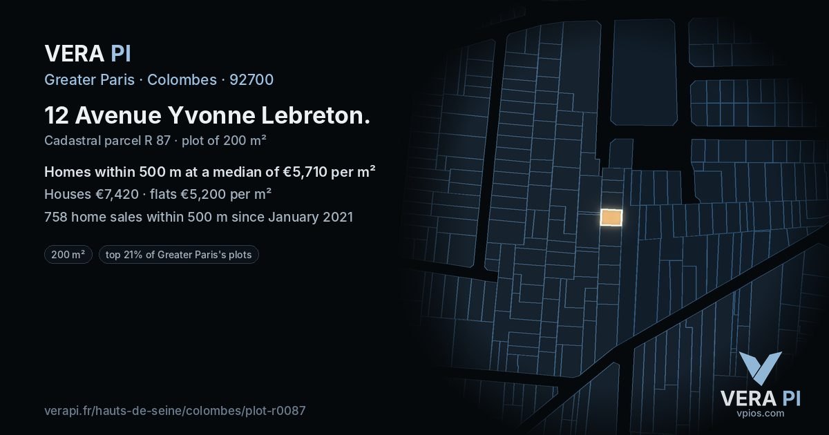 12 Avenue Yvonne Lebreton, Colombes at night – the plot lit, the parcels around coloured by the prices near them