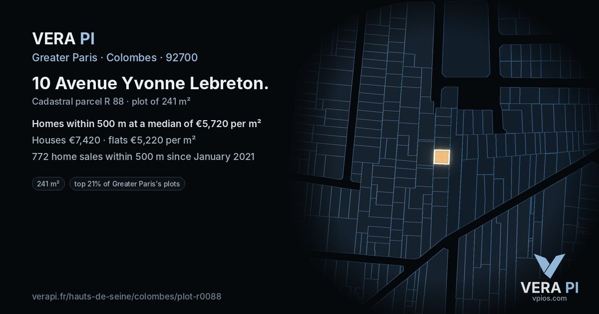 10 Avenue Yvonne Lebreton, Colombes at night – the plot lit, the parcels around coloured by the prices near them