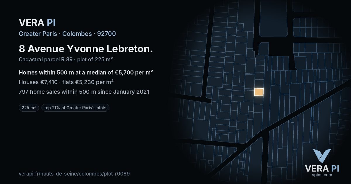8 Avenue Yvonne Lebreton, Colombes at night – the plot lit, the parcels around coloured by the prices near them