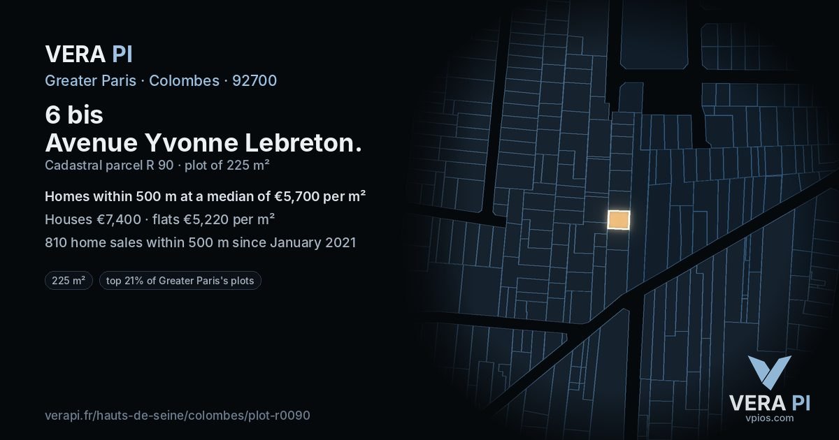 6 bis Avenue Yvonne Lebreton, Colombes at night – the plot lit, the parcels around coloured by the prices near them