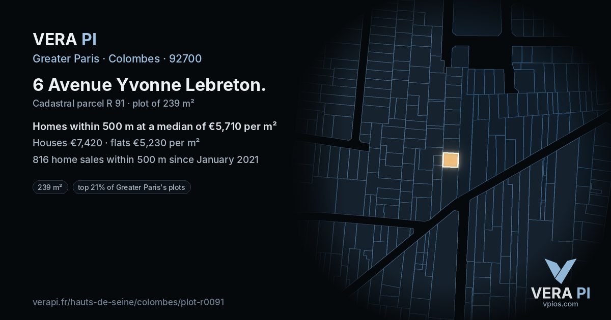 6 Avenue Yvonne Lebreton, Colombes at night – the plot lit, the parcels around coloured by the prices near them
