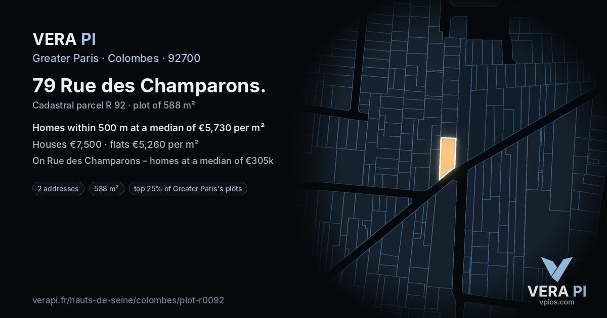 79 Rue des Champarons, Colombes at night – the plot lit, the parcels around coloured by the prices near them
