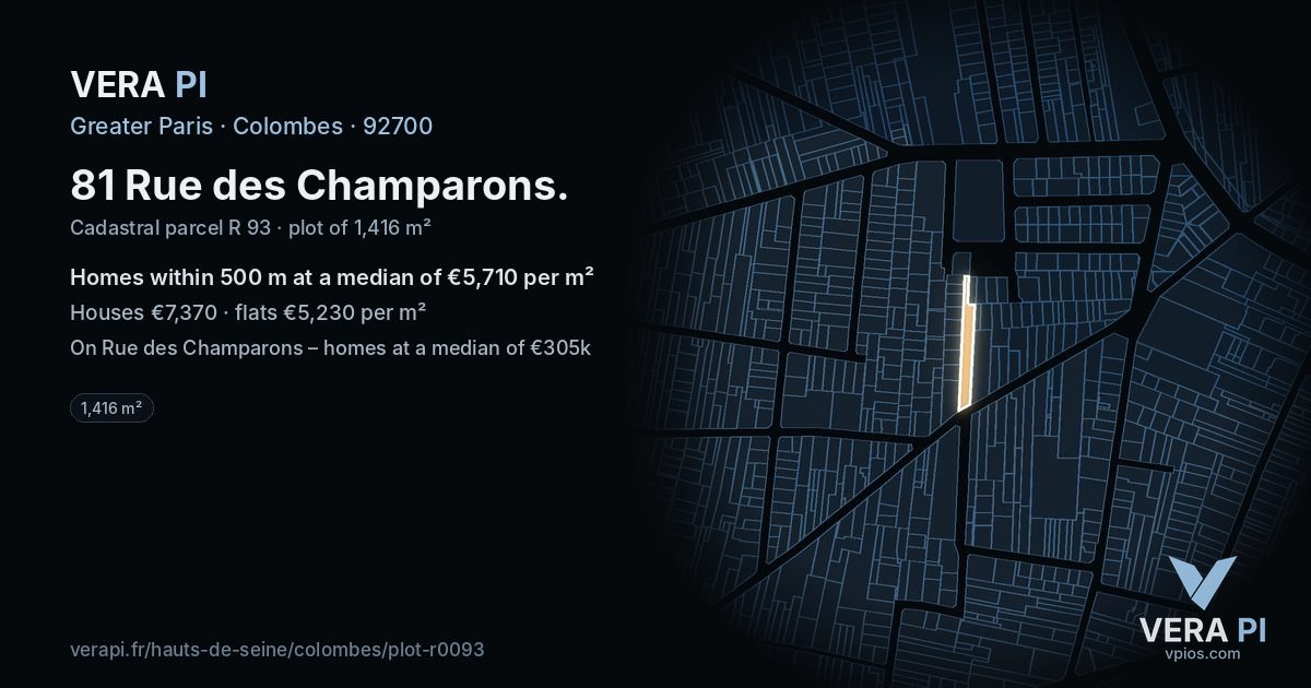 81 Rue des Champarons, Colombes at night – the plot lit, the parcels around coloured by the prices near them