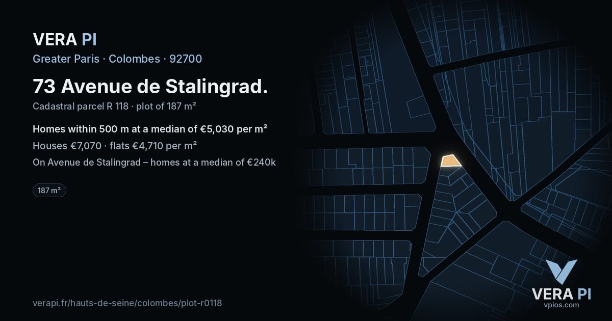 73 Avenue de Stalingrad, Colombes at night – the plot lit, the parcels around coloured by the prices near them
