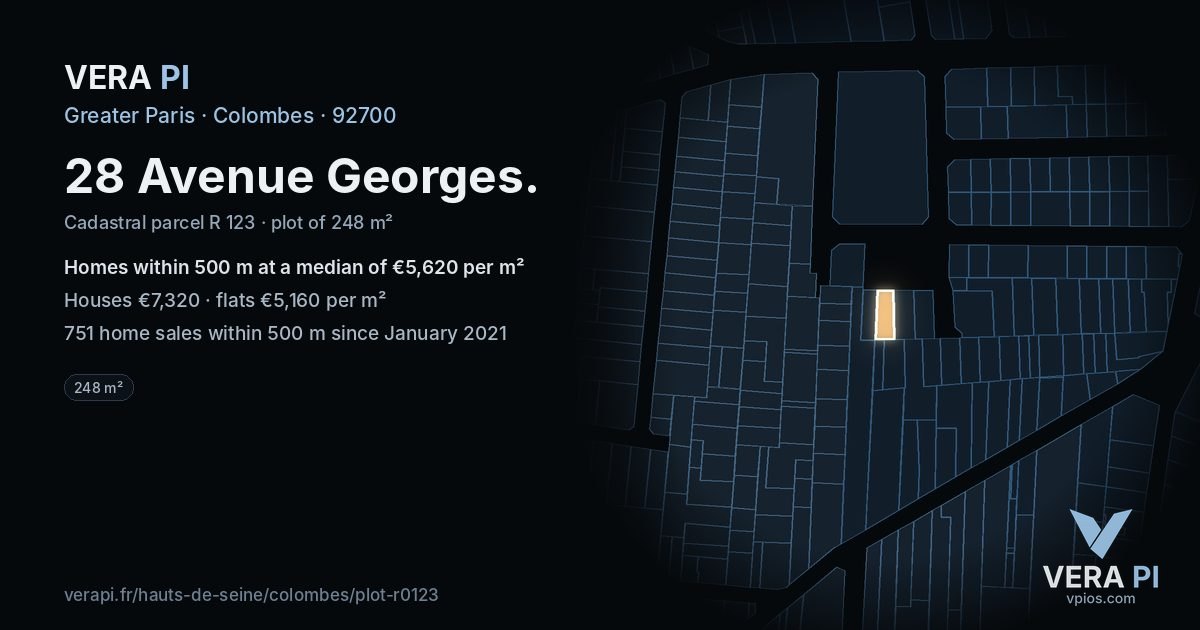 28 Avenue Georges, Colombes at night – the plot lit, the parcels around coloured by the prices near them