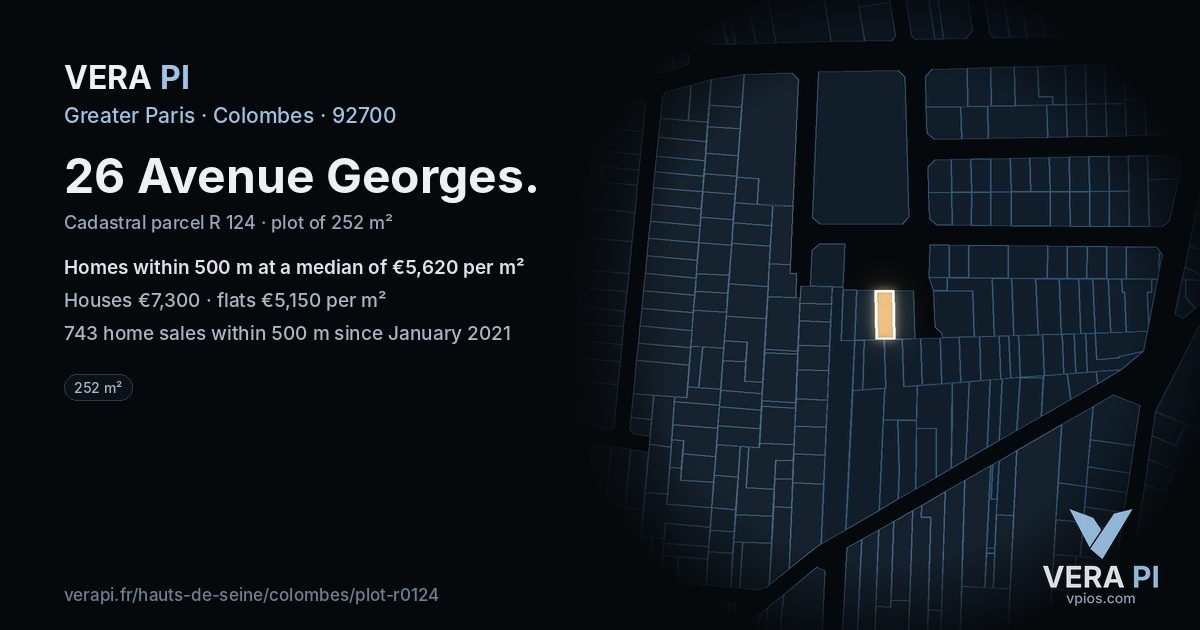 26 Avenue Georges, Colombes at night – the plot lit, the parcels around coloured by the prices near them