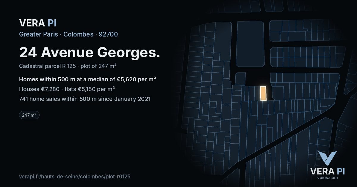 24 Avenue Georges, Colombes at night – the plot lit, the parcels around coloured by the prices near them