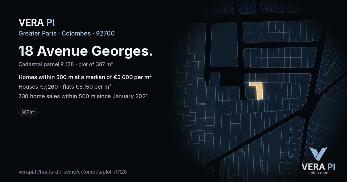18 Avenue Georges, Colombes at night – the plot lit, the parcels around coloured by the prices near them