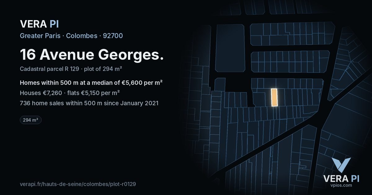 16 Avenue Georges, Colombes at night – the plot lit, the parcels around coloured by the prices near them