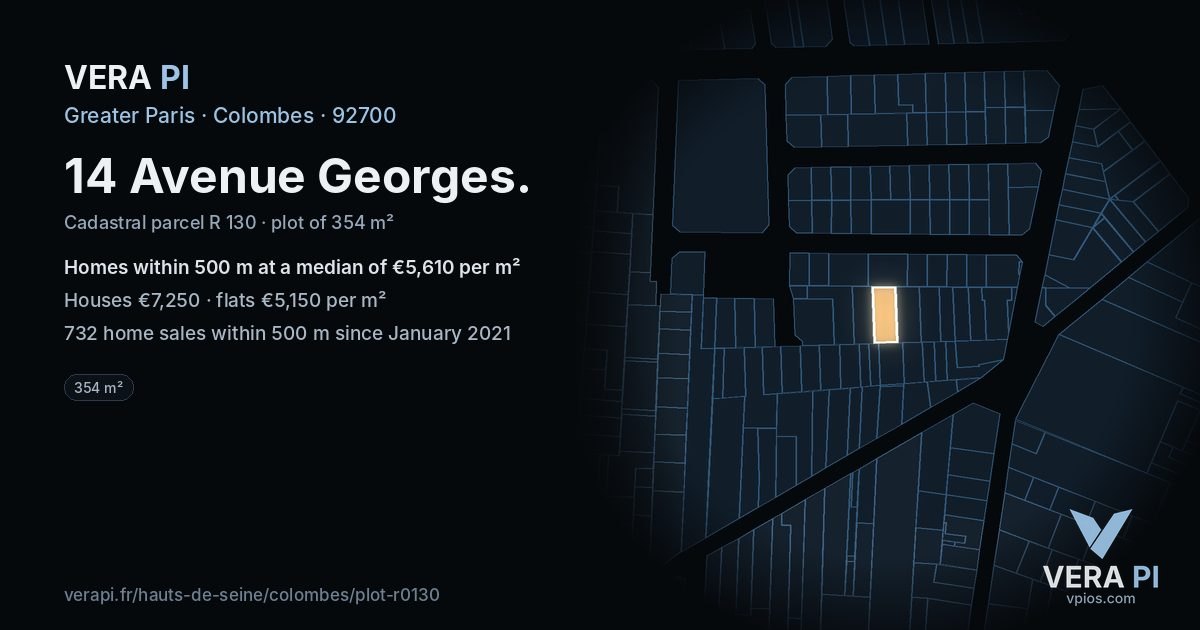 14 Avenue Georges, Colombes at night – the plot lit, the parcels around coloured by the prices near them