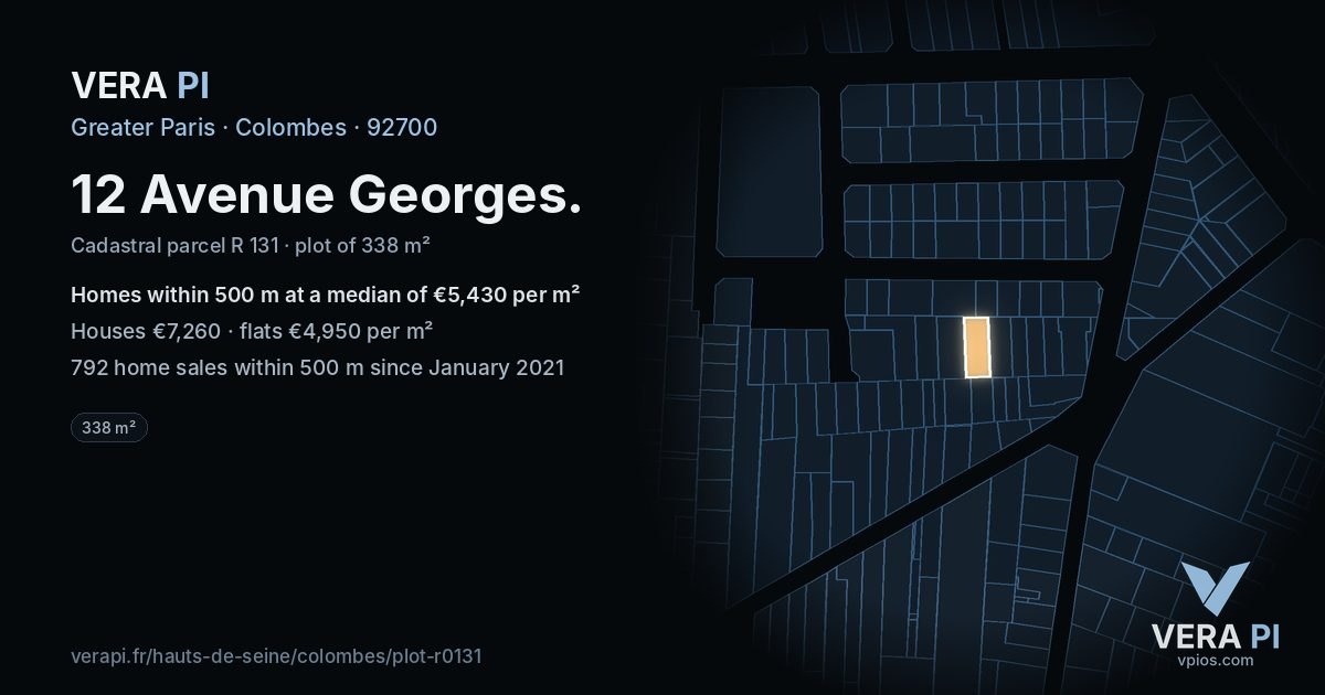 12 Avenue Georges, Colombes at night – the plot lit, the parcels around coloured by the prices near them