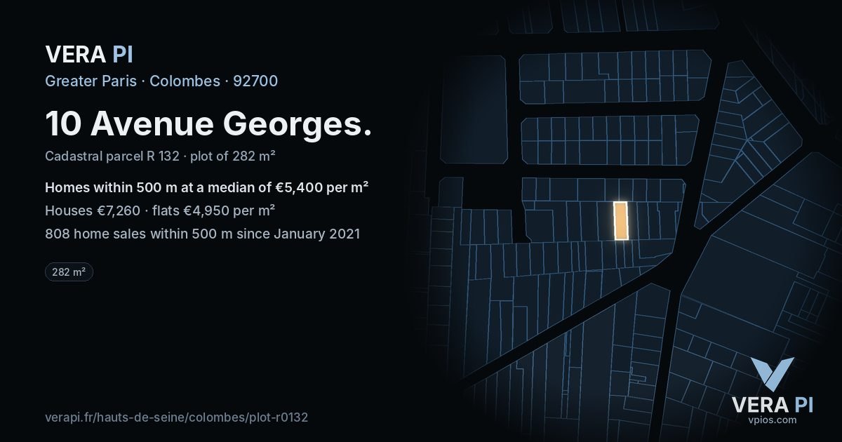 10 Avenue Georges, Colombes at night – the plot lit, the parcels around coloured by the prices near them