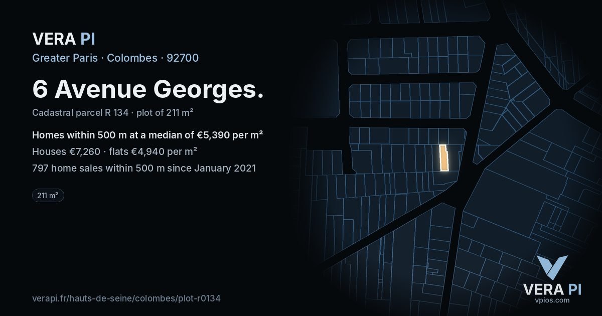 6 Avenue Georges, Colombes at night – the plot lit, the parcels around coloured by the prices near them