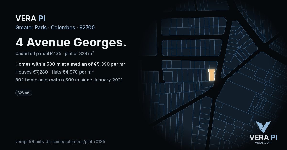 4 Avenue Georges, Colombes at night – the plot lit, the parcels around coloured by the prices near them