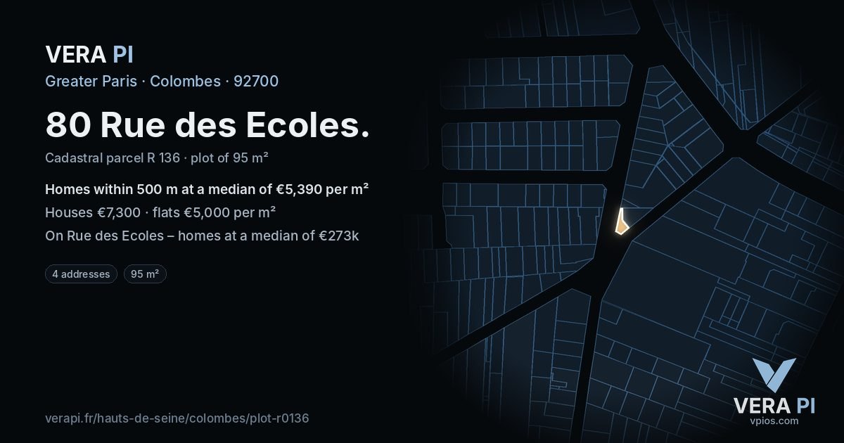 80 Rue des Ecoles, Colombes at night – the plot lit, the parcels around coloured by the prices near them
