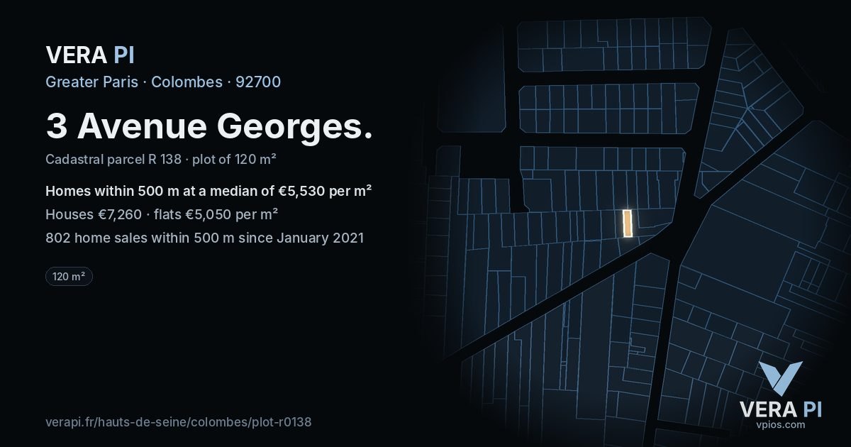 3 Avenue Georges, Colombes at night – the plot lit, the parcels around coloured by the prices near them