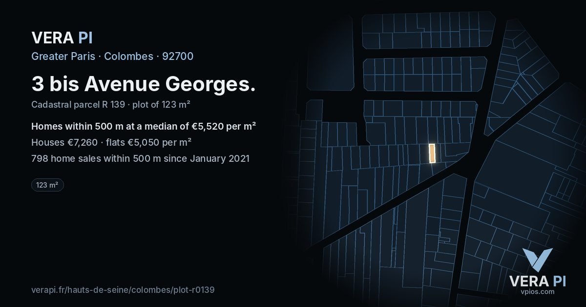3 bis Avenue Georges, Colombes at night – the plot lit, the parcels around coloured by the prices near them