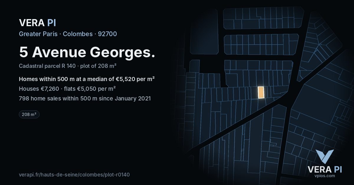 5 Avenue Georges, Colombes at night – the plot lit, the parcels around coloured by the prices near them