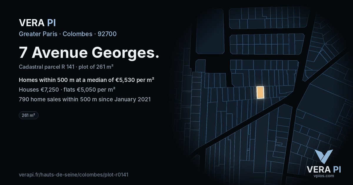 7 Avenue Georges, Colombes at night – the plot lit, the parcels around coloured by the prices near them