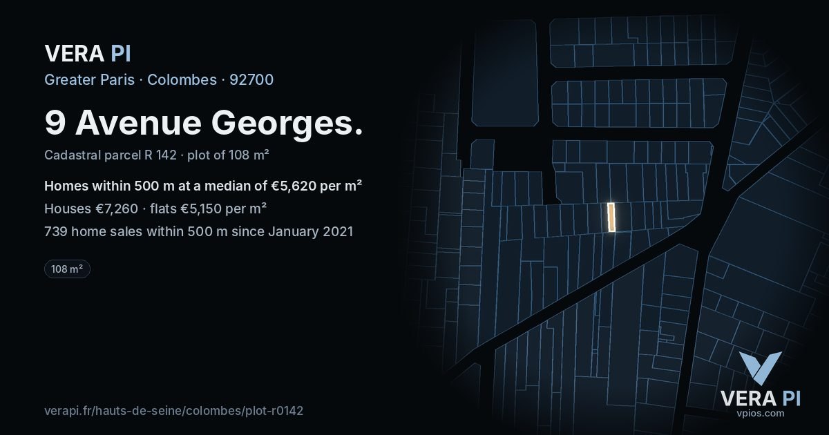 9 Avenue Georges, Colombes at night – the plot lit, the parcels around coloured by the prices near them