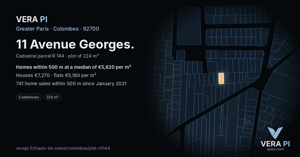 11 Avenue Georges, Colombes at night – the plot lit, the parcels around coloured by the prices near them