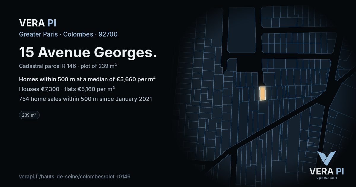 15 Avenue Georges, Colombes at night – the plot lit, the parcels around coloured by the prices near them