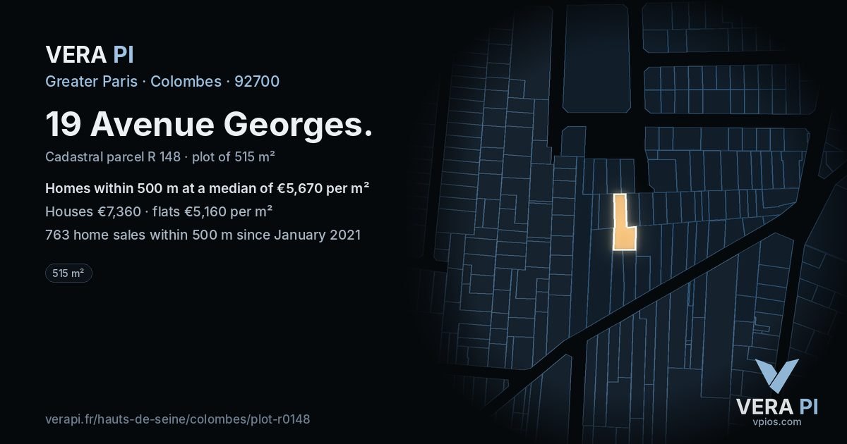 19 Avenue Georges, Colombes at night – the plot lit, the parcels around coloured by the prices near them
