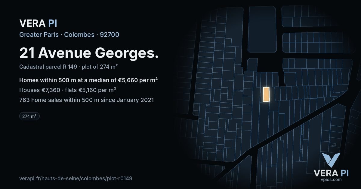 21 Avenue Georges, Colombes at night – the plot lit, the parcels around coloured by the prices near them