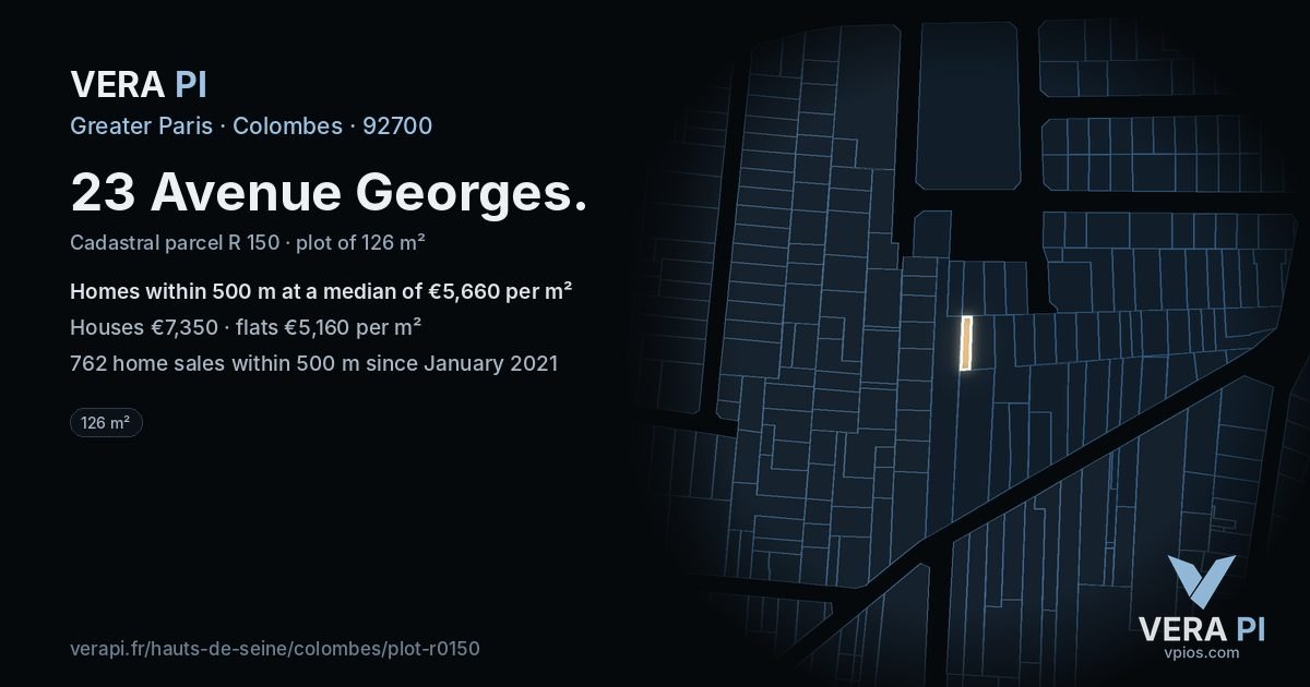 23 Avenue Georges, Colombes at night – the plot lit, the parcels around coloured by the prices near them