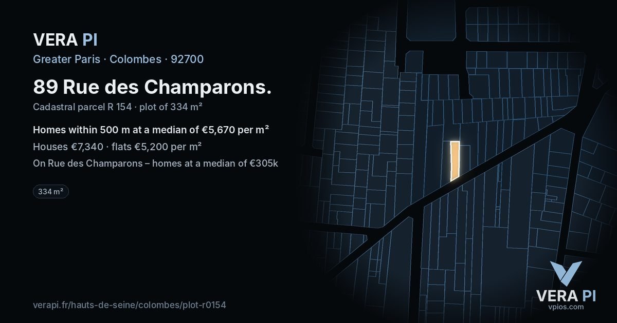 89 Rue des Champarons, Colombes at night – the plot lit, the parcels around coloured by the prices near them