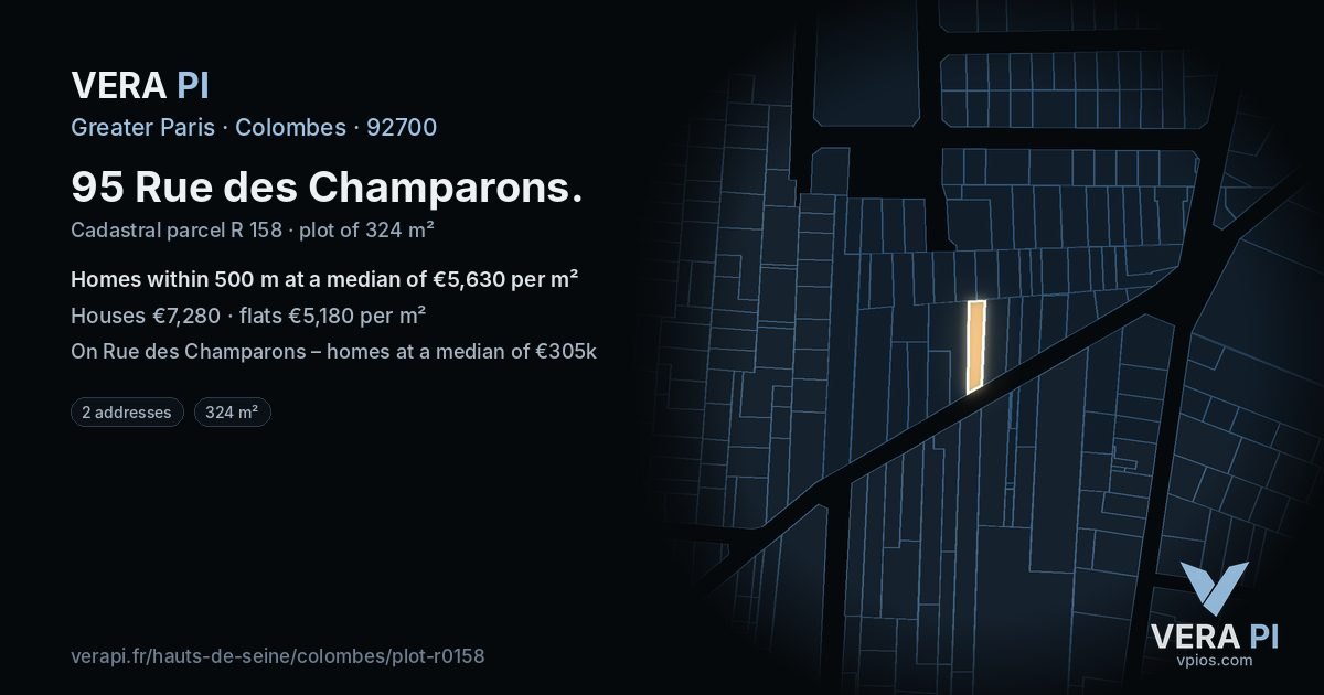95 Rue des Champarons, Colombes at night – the plot lit, the parcels around coloured by the prices near them