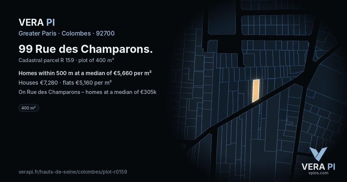 99 Rue des Champarons, Colombes at night – the plot lit, the parcels around coloured by the prices near them