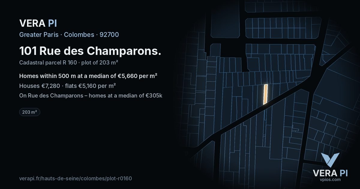 101 Rue des Champarons, Colombes at night – the plot lit, the parcels around coloured by the prices near them