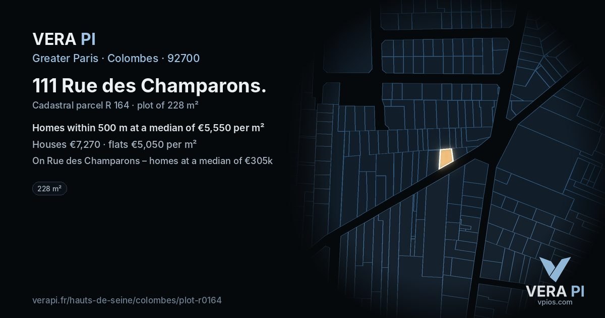 111 Rue des Champarons, Colombes at night – the plot lit, the parcels around coloured by the prices near them