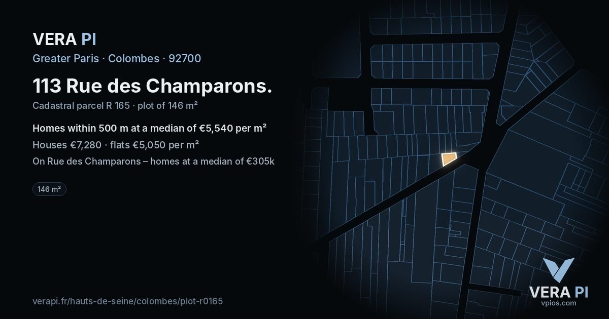 113 Rue des Champarons, Colombes at night – the plot lit, the parcels around coloured by the prices near them