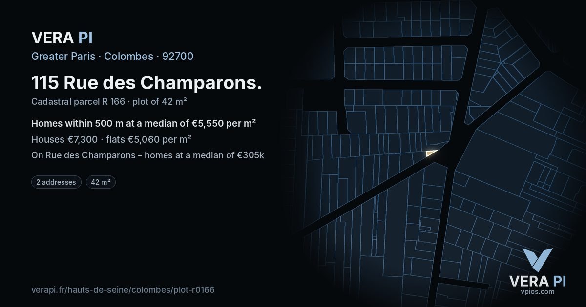 115 Rue des Champarons, Colombes at night – the plot lit, the parcels around coloured by the prices near them