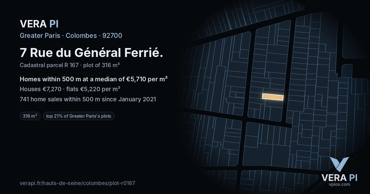 7 Rue du Général Ferrié, Colombes at night – the plot lit, the parcels around coloured by the prices near them
