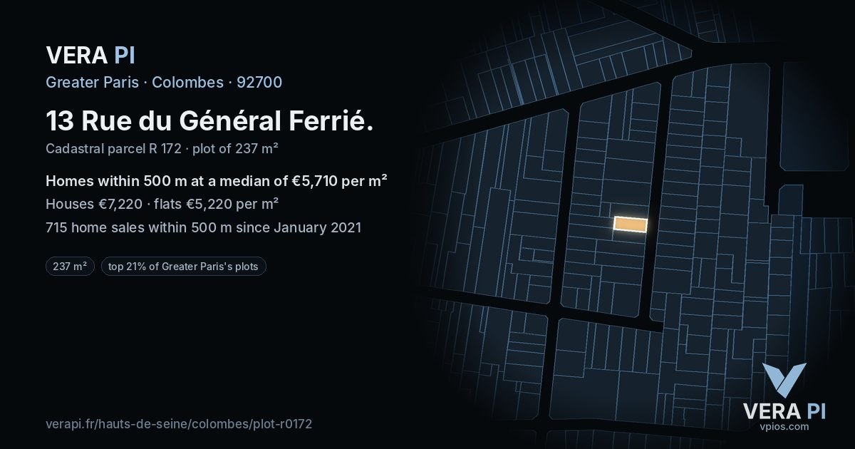 13 Rue du Général Ferrié, Colombes at night – the plot lit, the parcels around coloured by the prices near them